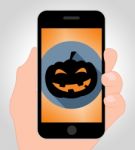Halloween Pumpkin Online Indicates Trick Or Treat Phone Stock Photo