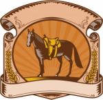 Horse Western Saddle Scroll Woodcut Stock Photo