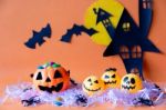 Halloween Concept  With Haunted House Castle And Pumpkins Bucket Stock Photo