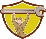 Mechanic Lifting Spanner Wrench Crest Cartoon Stock Photo
