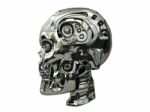 Robot Skull With Metallic Surface And Blue Glowing Eyes On Side View Stock Photo