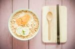 Top View Image Of Chinese Noodle In Bowl On Top Of Rustic Wood Stock Photo