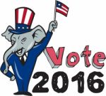 Vote 2016 Republican Mascot Waving Flag Cartoon Stock Photo