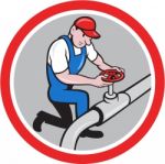 Plumber Pipe Worker Turning On Flow Circle Cartoon Stock Photo