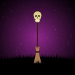 Halloween Witch Broomstick Graveyard Skull Background Stock Photo