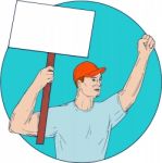 Union Worker Activist Placard Protesting Fist Up Circle Drawing Stock Photo