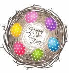 Eggs In Bird Nest For Easter Day Card Stock Photo