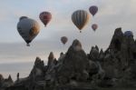 Balloons At Valley In Cappadocia Stock Photo