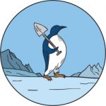 Emperor Penguin Shovel Antartica Circle Mono Line Stock Photo