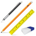 Pencil Eraser Ruler And Pen Isolated On White Background.  Object Tool For Office And School Stock Photo