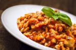 Gemelli Pasta With Homemade Tomato And Zucchini Sauce Stock Photo