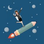 Business Woman Astronaut On Pencil Rocket Stock Photo