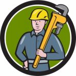 Plumber Holding Wrench Circle Cartoon Stock Photo