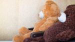 Twin Bears On Black Sofa Stock Photo