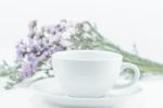 White Mug Cup And Static Flower Stock Photo