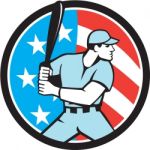 American Baseball Batter Hitter Usa Flag Circle Retro Stock Photo