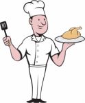 Chef Cook Roast Chicken Spatula Cartoon Stock Photo