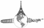 Eiffel Tower, Pisa Tower And Statue Of Liberty On Globe Stock Photo