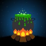 Halloween Bonfire Graveyard Witch Cauldron Background Stock Photo