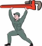 Plumber Lifting Monkey Wrench Cartoon Stock Photo