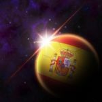 Spain Flag On 3d Football With Rising Sun Stock Photo