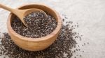 Chia Seeds In Wooden Bowl Stock Photo