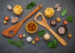 Italian Foods Concept And Menu Design. Fettuccine With Wooden Sp Stock Photo
