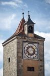 Unusual Clock Tower In Rothenburg Stock Photo