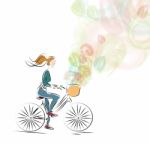Girl Riding A Bicycle. Illustration Of A Woman On A Bike Stock Photo
