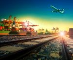 Railway Transport In Import Export Shipping Port And Cargo Plane Logistic Flying Above Use As Freight And Transportation Business Service Stock Photo