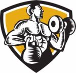 Athlete Lifting Kettlebell Dumbbell Crest Woodcut Stock Photo