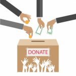 Hands Putting Gold Coin And Money In Donation Box. Illustration In Flat Style Stock Photo