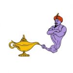 Genie Coming Out Of Golden Oil Lamp Drawing Color Stock Photo