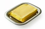 Butter On Silver Butter Dish Isolated Stock Photo