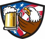 Bald Eagle Hoisting Beer Stein Usa Flag Crest Retro Stock Photo