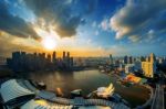 View Of Marina Bay Sand And Center Of Business In Singapore At Sunset Stock Photo