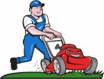 Gardener Mowing Lawn Mower Cartoon Stock Photo