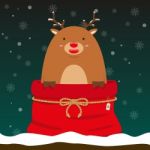 Cute Fat Big Reindeer Come Out Of Christmas Bag Stock Photo
