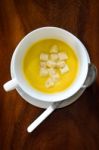 Pumpkin Soup With Bread Stock Photo