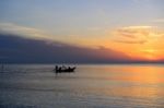Silhouette Fisherman Are Taking Fishing Boat Stock Photo