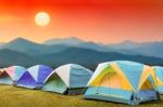 Tourist Tent With Beautiful Sunset Background Stock Photo