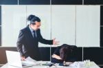 Asian Bad Angry Boss Yelling At Business Man Sad Depressed Emplo Stock Photo