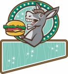 Donkey Mascot Serve Burger Rectangle Oval Retro Stock Photo