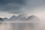 Summer Cloudy Lofoten Islands. Norway Misty Fjords Stock Photo