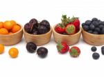 Fresh Summer Fruits, Cherry, Strawberry, Cape Gooseberry And Blu Stock Photo