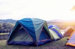 Tent Camp At River Stock Photo