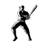 Baseball Player Batting Woodcut Black And White Stock Photo