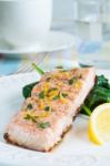Salmon With Spinach Stock Photo
