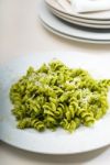 Italian Fusilli Pasta And Pesto Stock Photo