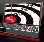 50percent On Laptop Showing Big Promotions Stock Photo